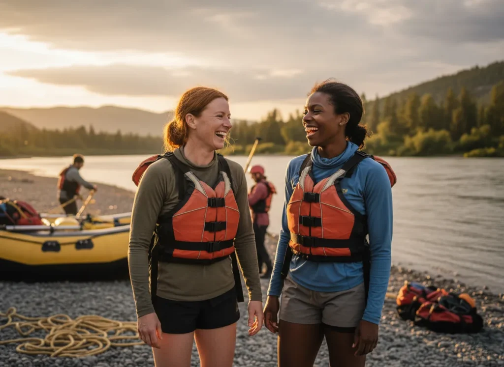 Two diverse female raft guides share a laugh on the riverbank, showcasing the supportive community and reality of women in the industry.