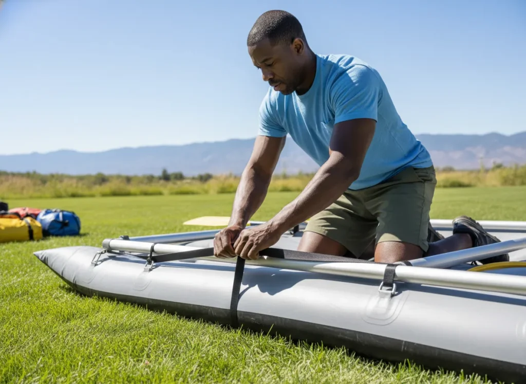 A focused man in his mid-30s carefully rigging an oar frame onto a raft, demonstrating the step-by-step process.