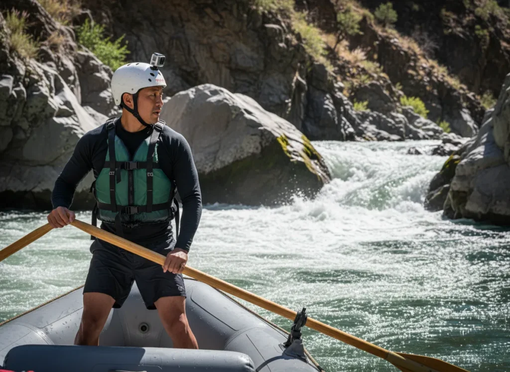 A raft guide stands in his oar rig, intently studying a complex rapid downstream to decide which ferrying technique to use.