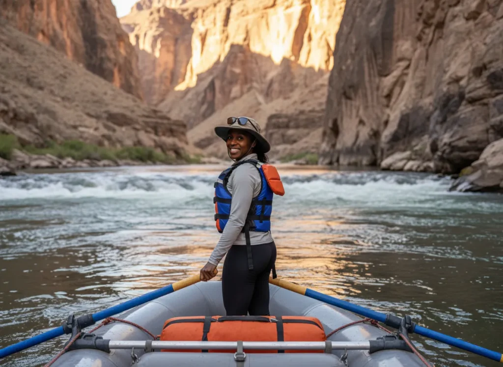 A confident female river guide smiles from her oar raft, with a challenging rapid safely behind her in the Grand Canyon.
