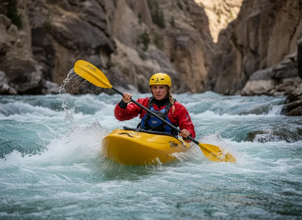 A skilled female kayaker confidently paddles through a massive, turbulent rapid in a spectacular, steep-walled canyon.