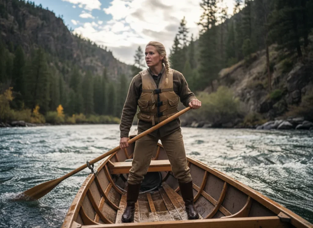 A strong female raft guide with a determined expression navigates a wooden dory through a powerful river, evoking the spirit of early whitewater pioneers.