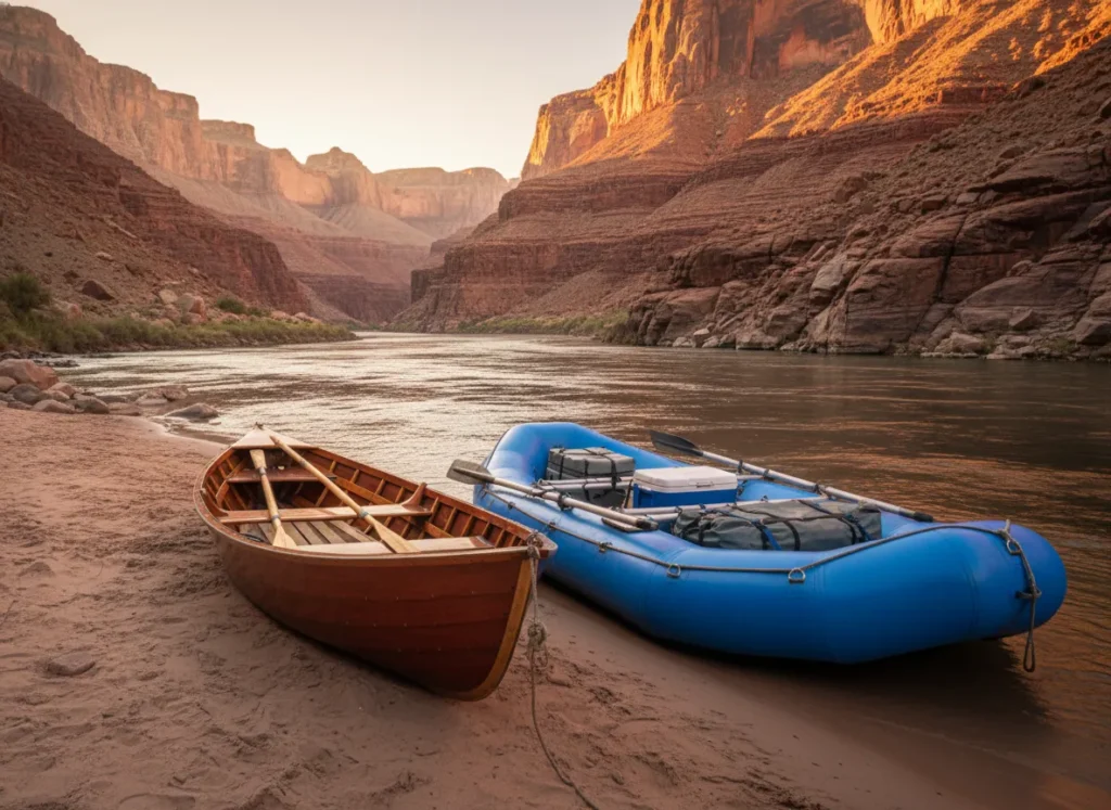 A wooden dory and an inflatable raft sit next to each other on a sandy beach in the Grand Canyon, representing two different river running histories.