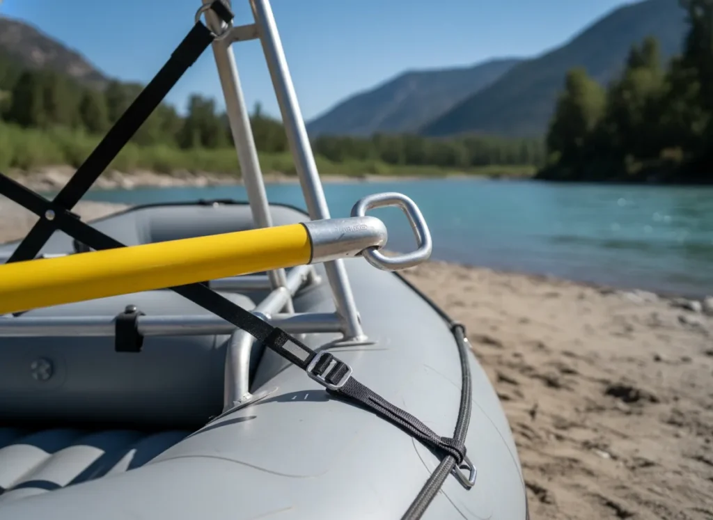 A detailed photo of an oar rig system, showing the oarlock, tower, and frame interconnected on a raft.