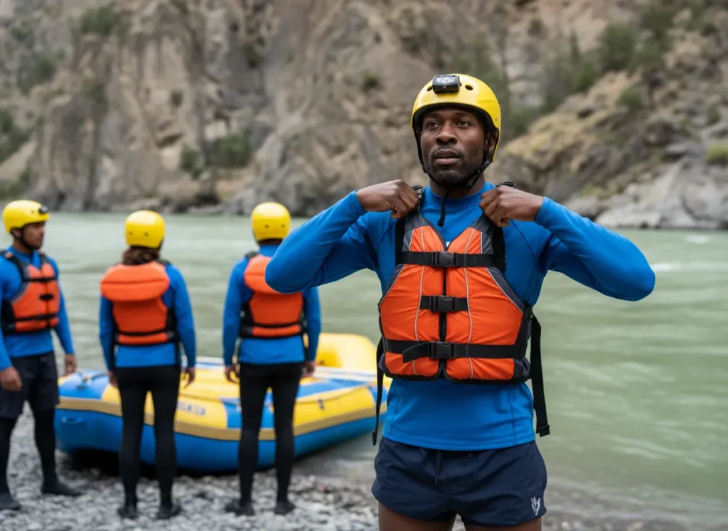 A rafting guide demonstrates how to properly fit a life vest to his group on the riverbank.