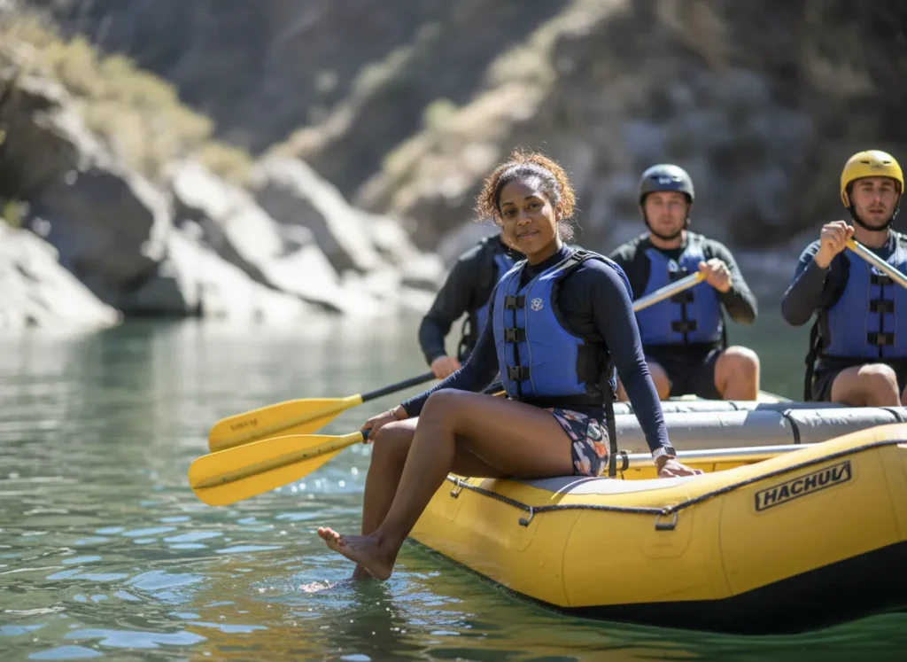 A female rafter demonstrates the anchoring technique by wedging her foot securely under a thwart in the raft.