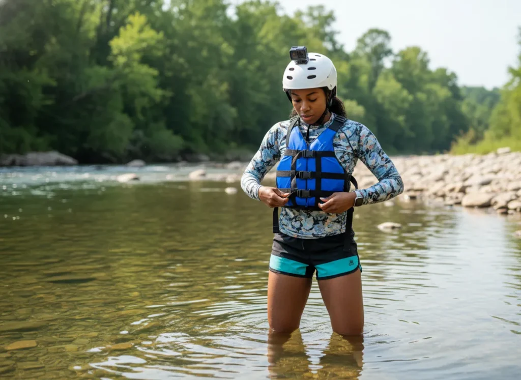 A woman in full safety gear, including a PFD and helmet, checking her equipment while standing in the shallow water of a river.