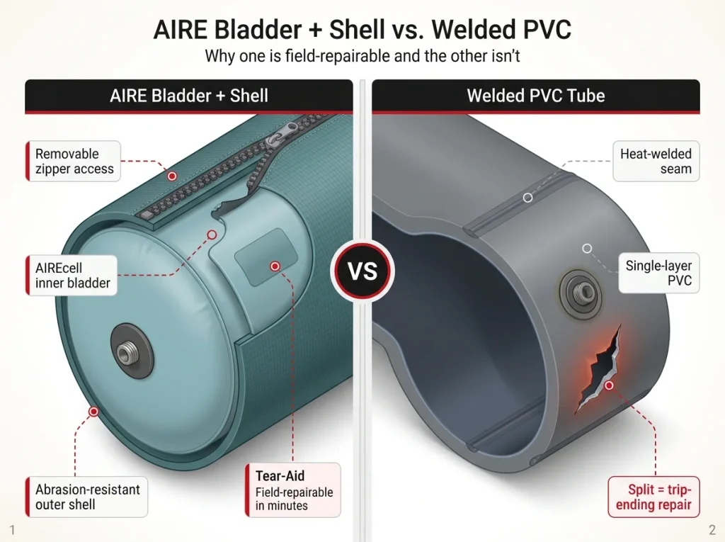 Cutaway diagram comparing AIRE bladder-and-shell raft construction versus welded single-layer PVC tube with field-repairability labels