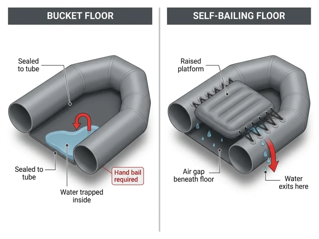 Infographic showing cross-section of bucket floor vs self-bailing floor with labeled drain holes, lacing, and raised platform gap