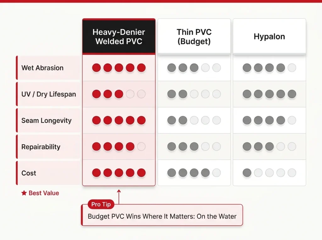 Infographic comparing heavy-denier PVC vs thin PVC vs Hypalon on wet abrasion, UV lifespan, seam longevity, repairability, and cost