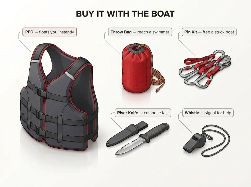 Annotated flat-lay of river safety kit with PFD, throw bag, pin kit, river knife, and whistle each labeled