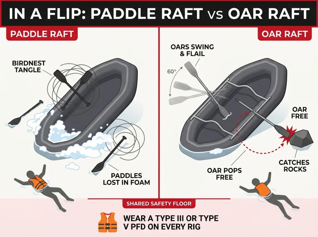 Comparison diagram showing flip hazards for paddle raft vs oar raft — loose paddles vs long oars — with shared PFD safety floor