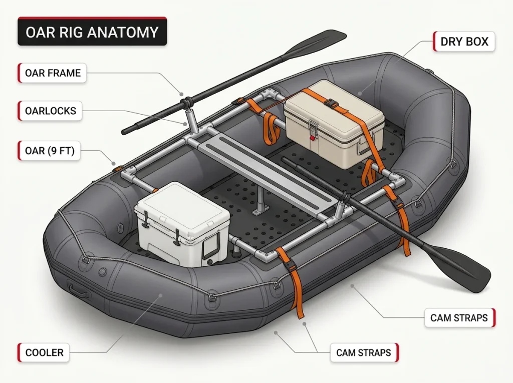 Labeled diagram of a loaded oar raft showing frame, oarlocks, oars, dry box, cooler, and cam straps with annotation lines