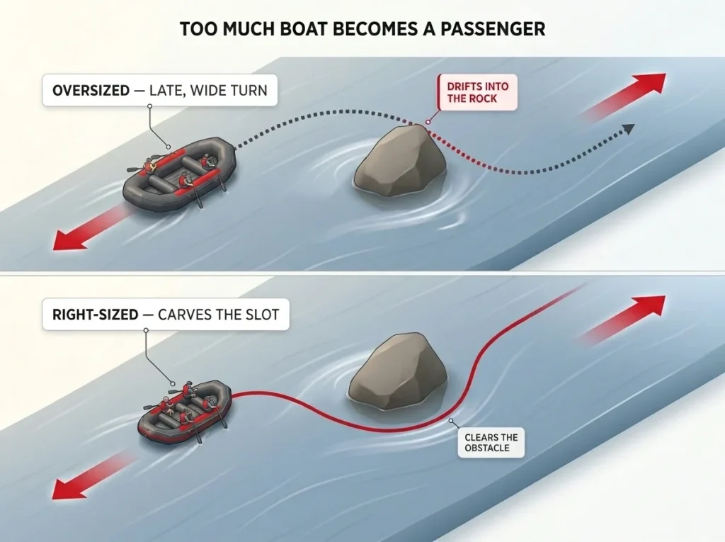Comparison diagram showing an oversized raft missing a technical line versus a right-sized raft carving the slot
