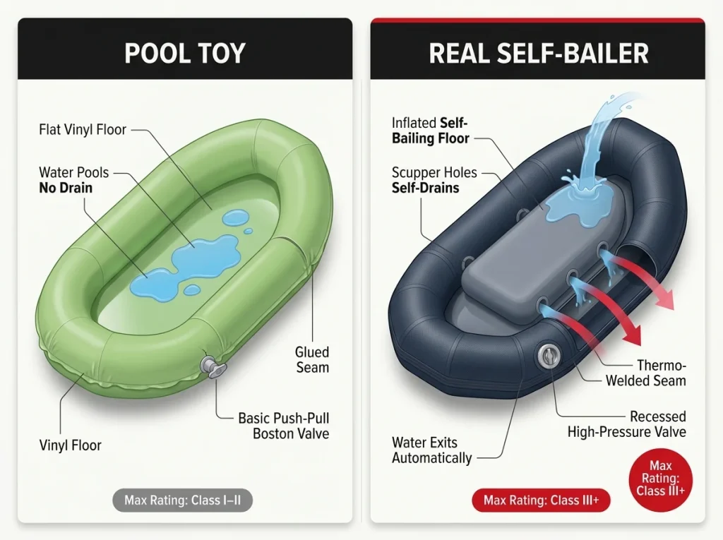 Infographic comparing pool toy raft vs real self-bailer with labeled floor type, fabric, valve, and max class rating