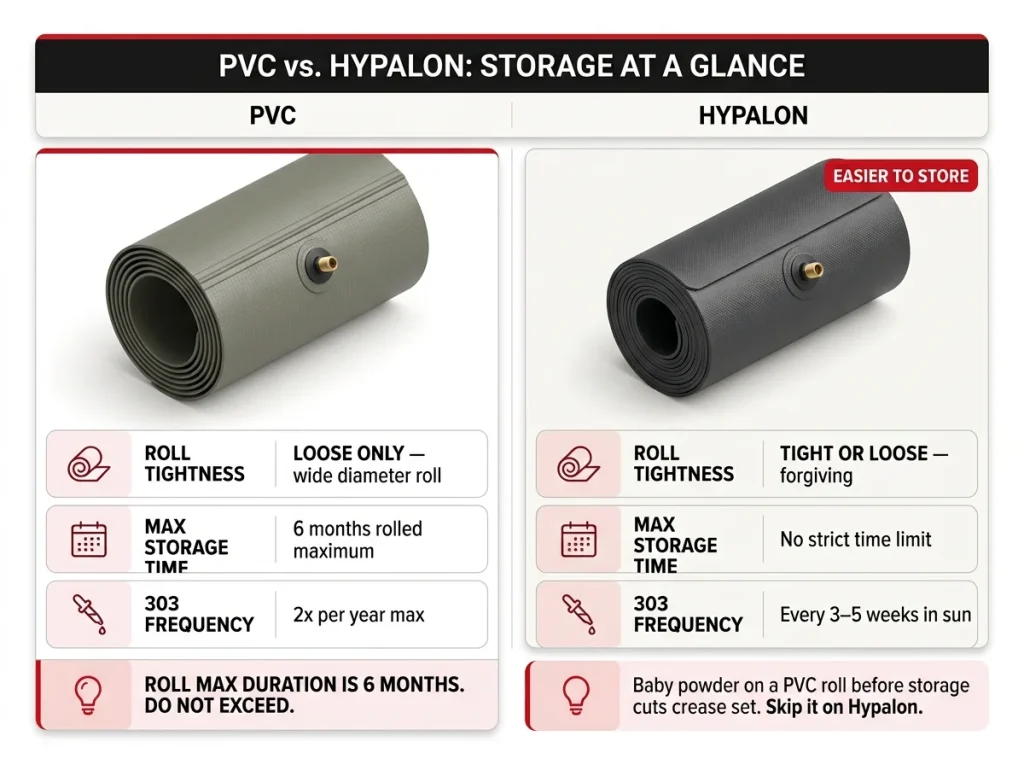 Comparison infographic showing PVC vs Hypalon raft storage differences: roll tightness, max storage time, and 303 frequency