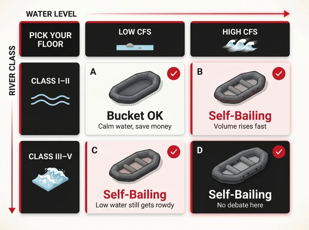 Decision matrix infographic mapping river class I–V and water level low/high CFS to recommended raft floor type with color-coded results