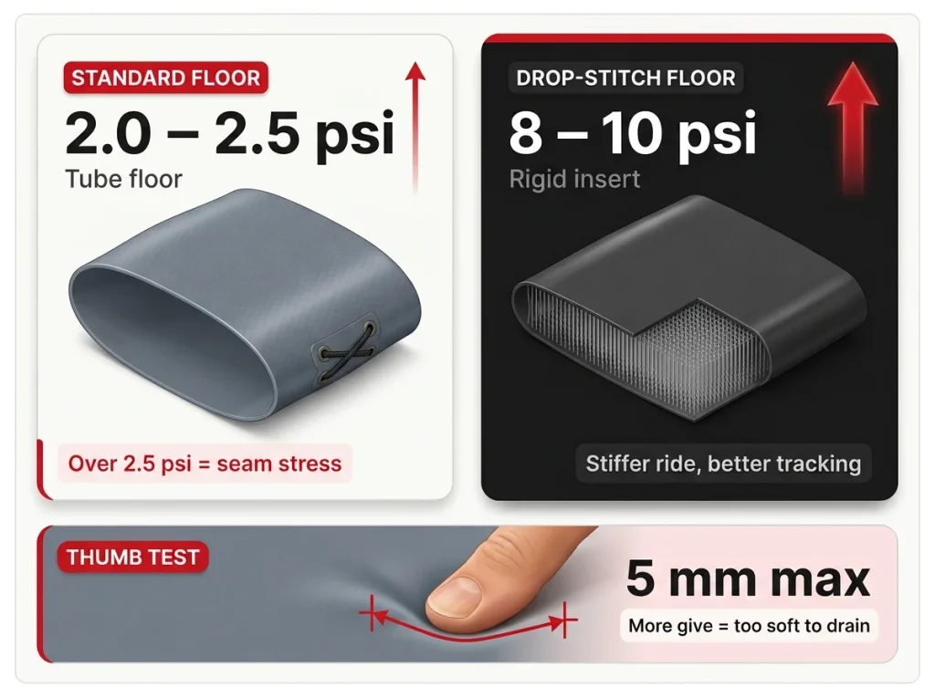 Quick-reference infographic comparing standard self-bailing floor at 2.0–2.5 psi vs drop-stitch insert at 8–10 psi with thumb-test deflection rule