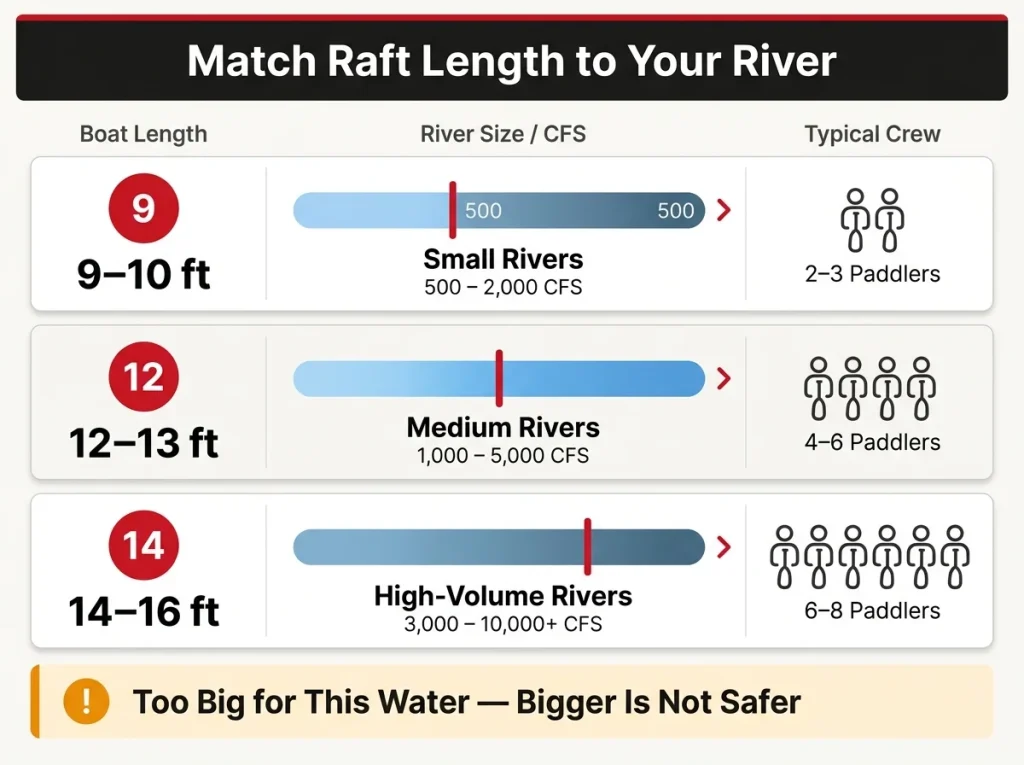 Matching chart mapping raft length 9–16 ft against river CFS range and crew count with oversizing warning band and labeled zones