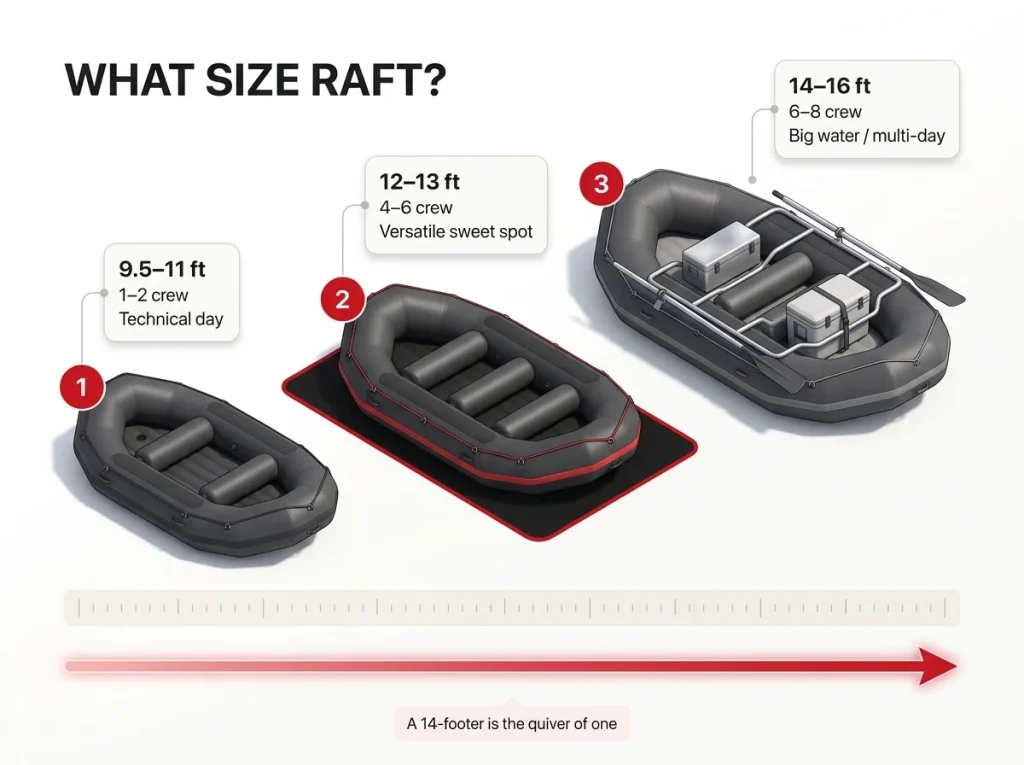 Sizing chart mapping raft length 9.5 to 16 feet to crew size, river class and day versus multi-day use