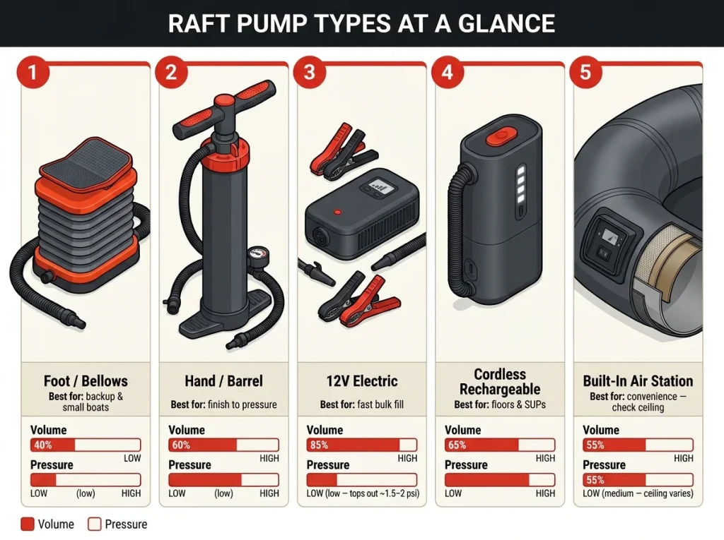 Comparison infographic of 5 raft pump families with volume vs pressure ratings, best-use labels, and numbered badges for each type.