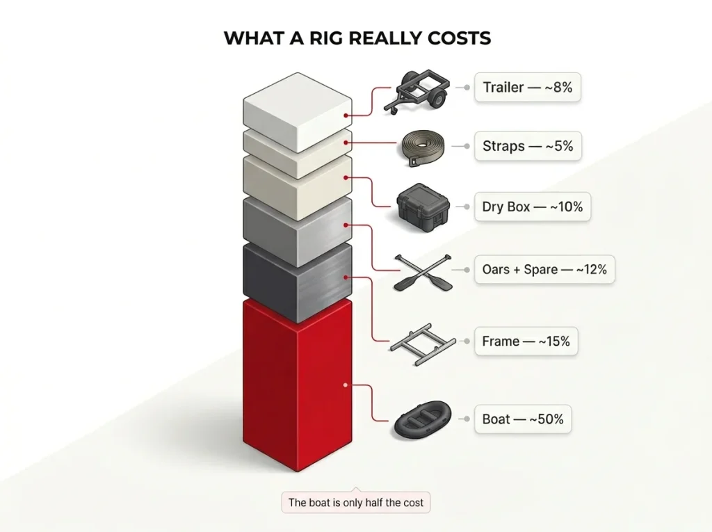 Stacked bar infographic breaking down complete raft rig cost into boat, frame, oars, dry box, straps and trailer shares