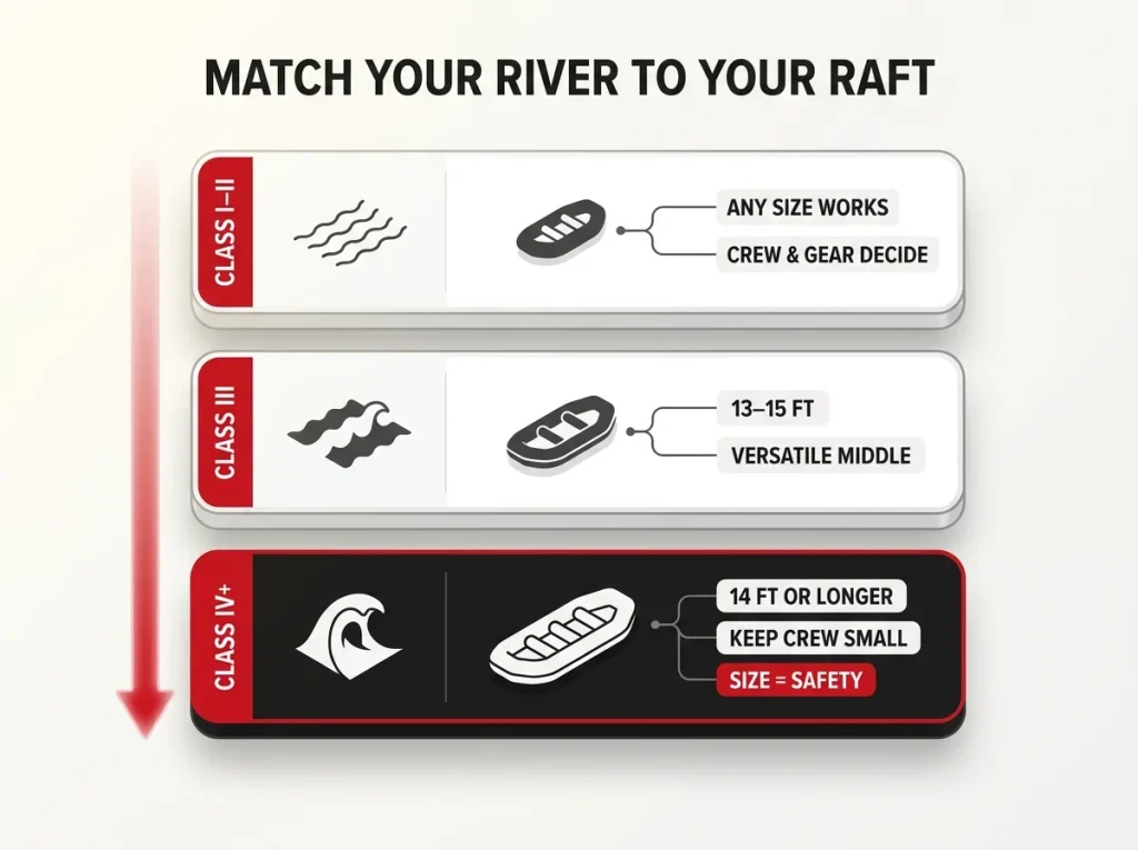 Decision matrix mapping river class I-II, III, and IV+ to recommended raft length band and max crew size