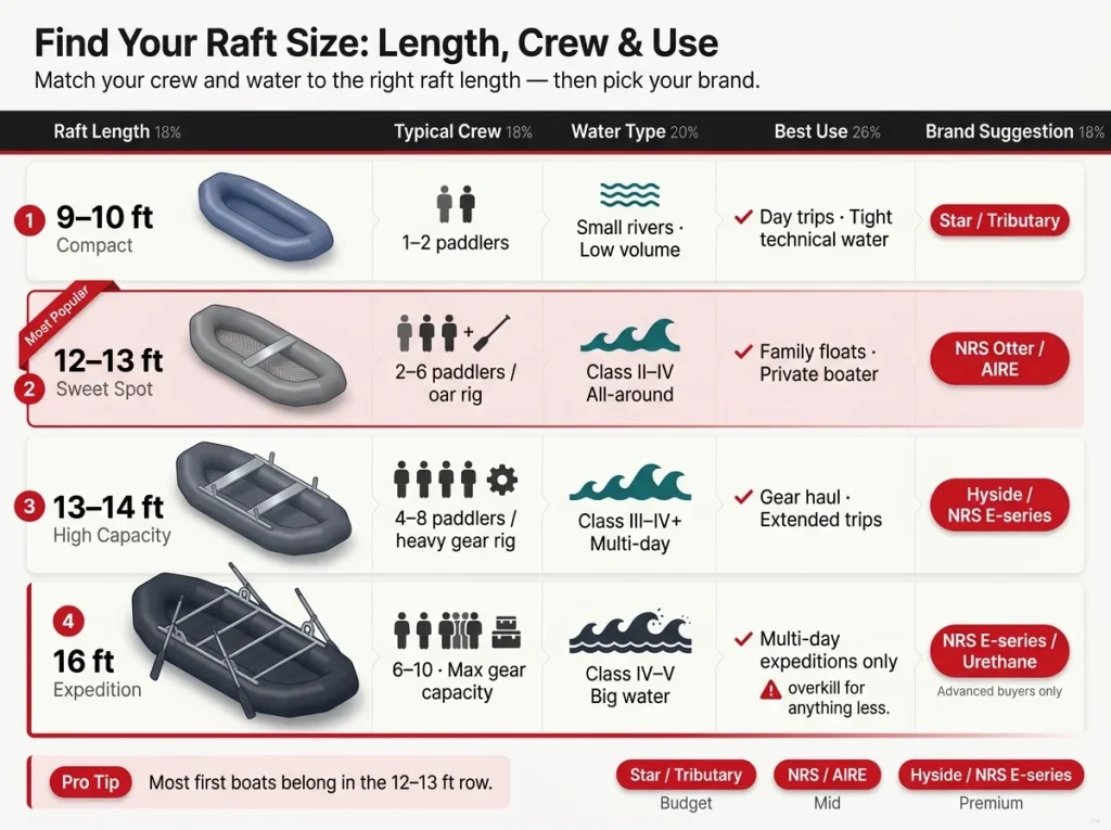 Matching chart showing raft lengths 9–10ft, 12–13ft, 13–14ft, 16ft mapped to crew size, water type, best use, and brand suggestion