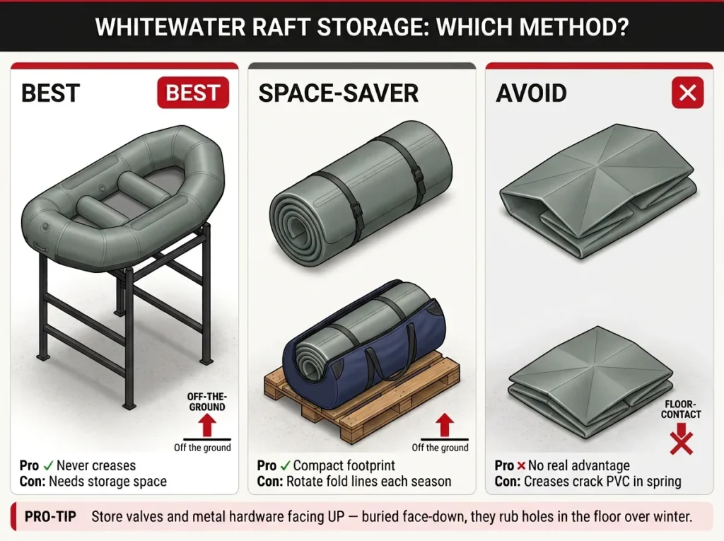 Comparison diagram of 3 raft storage methods: softly inflated (best), loosely rolled (space-saver), and tightly folded (avoid)