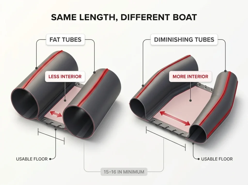 Cross-section diagram comparing fat-tube vs diminishing-tube rafts of the same length showing usable interior space