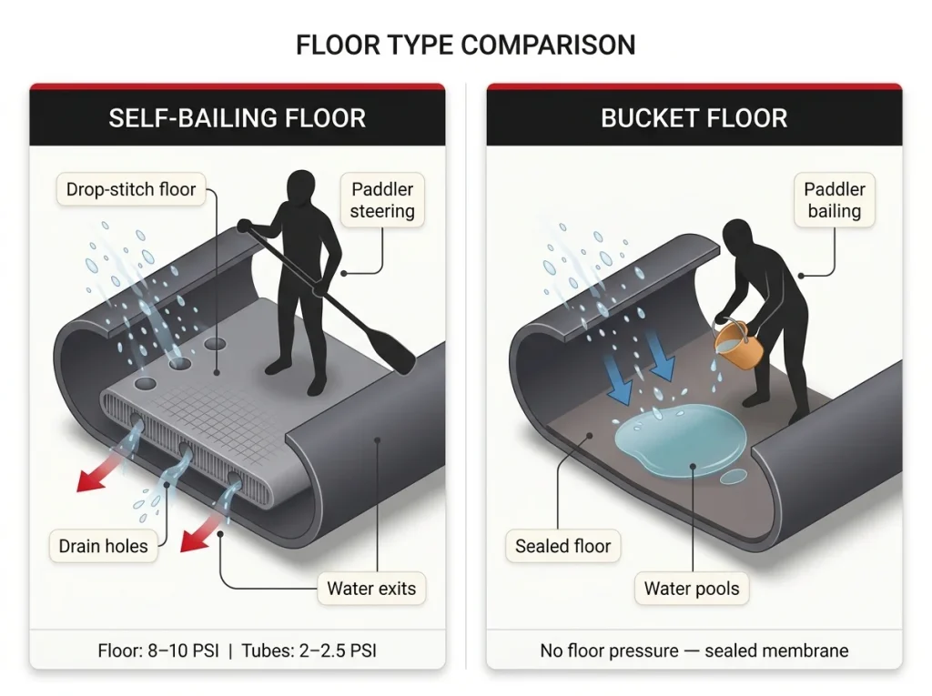 Labeled cross-section diagram comparing self-bailing raft floor with drain holes and water exiting versus sealed bucket floor with water pooling and paddler bailing