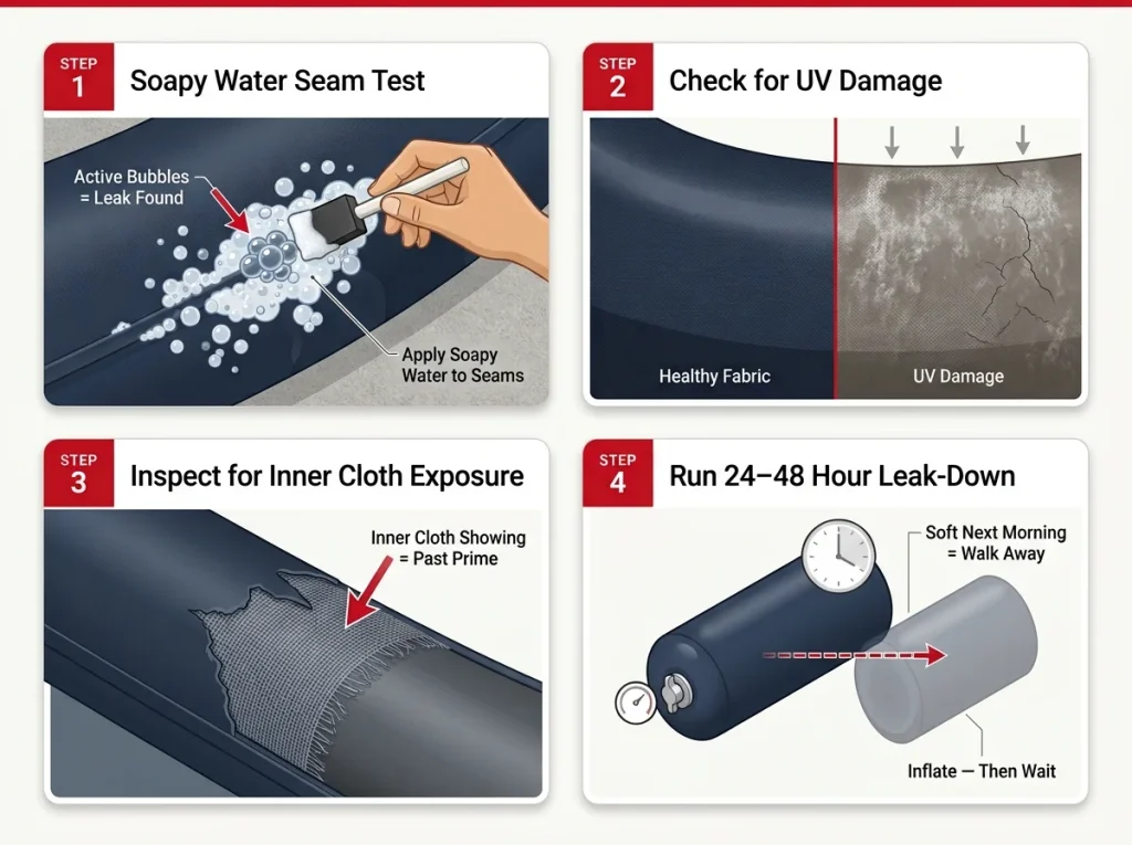 Step-by-step used raft inspection infographic showing soapy water seam test, UV damage, inner cloth wear, and leak-down test with labeled callouts