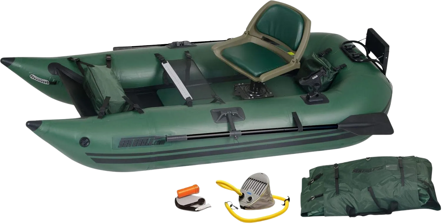 Sea Eagle 285 frameless fishing pontoon boat packed and on the water