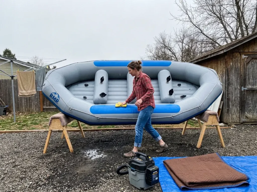 Whitewater raft draped over a rack to air-dry completely before being rolled for storage