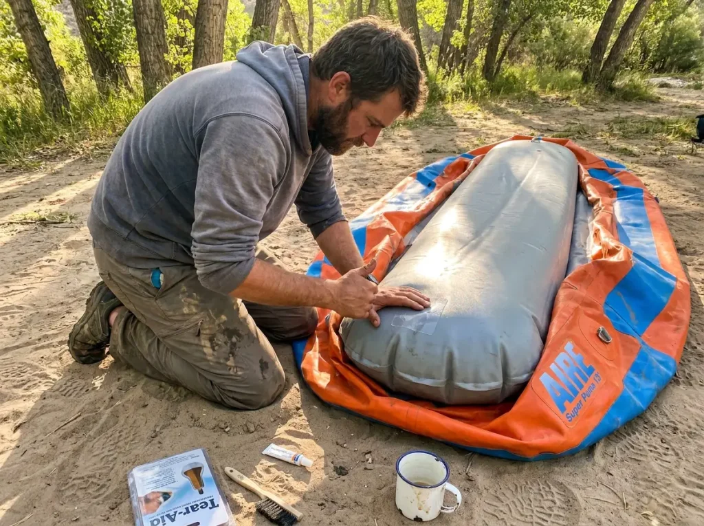 Patching the AIREcell bladder of an AIRE whitewater raft in a river camp