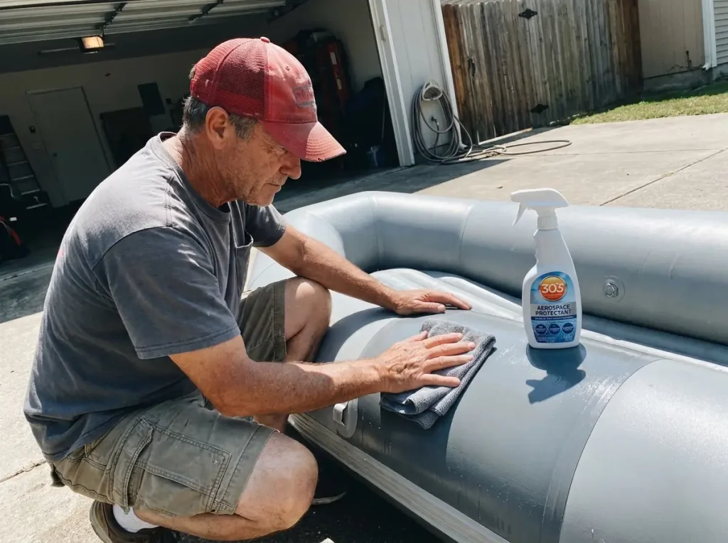 Wiping 303 Aerospace Protectant onto a clean dry raft tube for UV protection