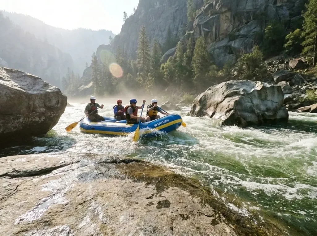 Beginner crew running a Saturn 13 ft whitewater raft through a beginner-friendly Class II to III rapid