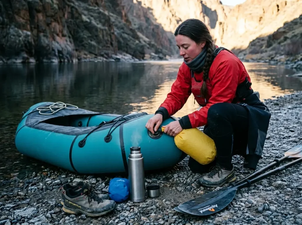 Safety diagram showing defensive swim position with feet up and the 120-rule cold-water dress math for packrafting