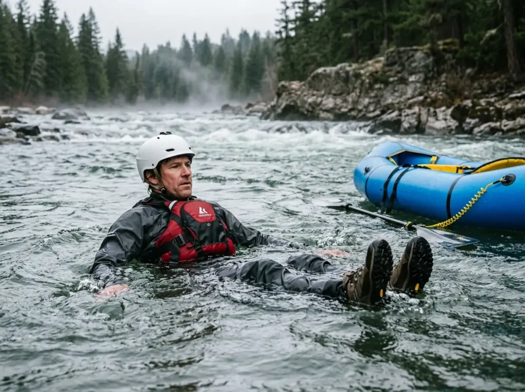 Packrafter in the swiftwater self-rescue position floating feet-up and nose-downstream in cold current
