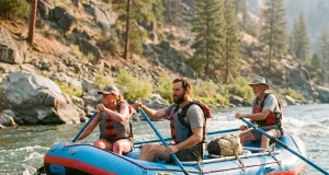 Best Whitewater Rafts for Beginners Ranked by Ease Beginner crew paddling an NRS Otter self-bailing whitewater raft through a Class II wave train