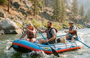 Best Whitewater Rafts for Beginners Ranked by Ease Beginner crew paddling an NRS Otter self-bailing whitewater raft through a Class II wave train