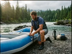 Best Budget Whitewater Rafts vs the Pool Toys Private boater rigging a budget self-bailing whitewater raft on a gravel put-in at first light