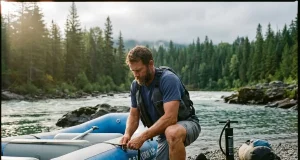 Best Budget Whitewater Rafts vs the Pool Toys Private boater rigging a budget self-bailing whitewater raft on a gravel put-in at first light