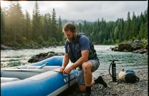 Best Budget Whitewater Rafts vs the Pool Toys Private boater rigging a budget self-bailing whitewater raft on a gravel put-in at first light