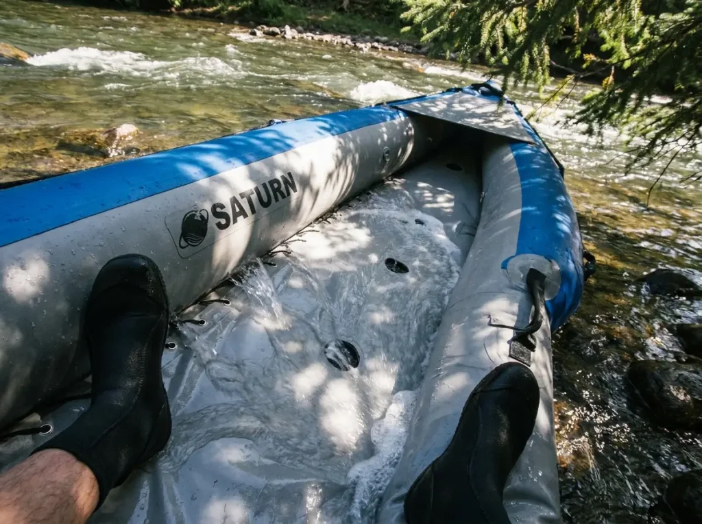 Self-bailing floor draining through scupper holes on a budget whitewater raft