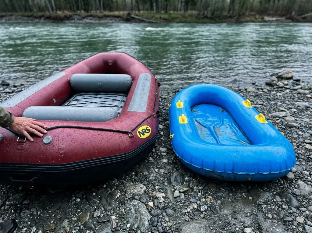 A real budget whitewater raft beside a cheap vinyl pool toy on a river gravel bar
