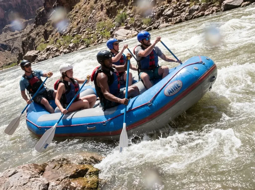 Crew paddling a right-sized budget self-bailing whitewater raft through a wave train
