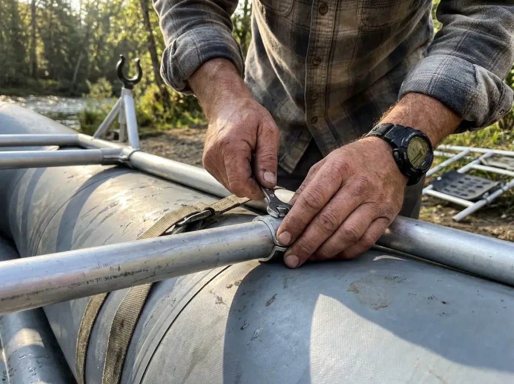 Hands bolting an aluminum cataraft frame onto inflatable tubes, the hidden cost of rigging