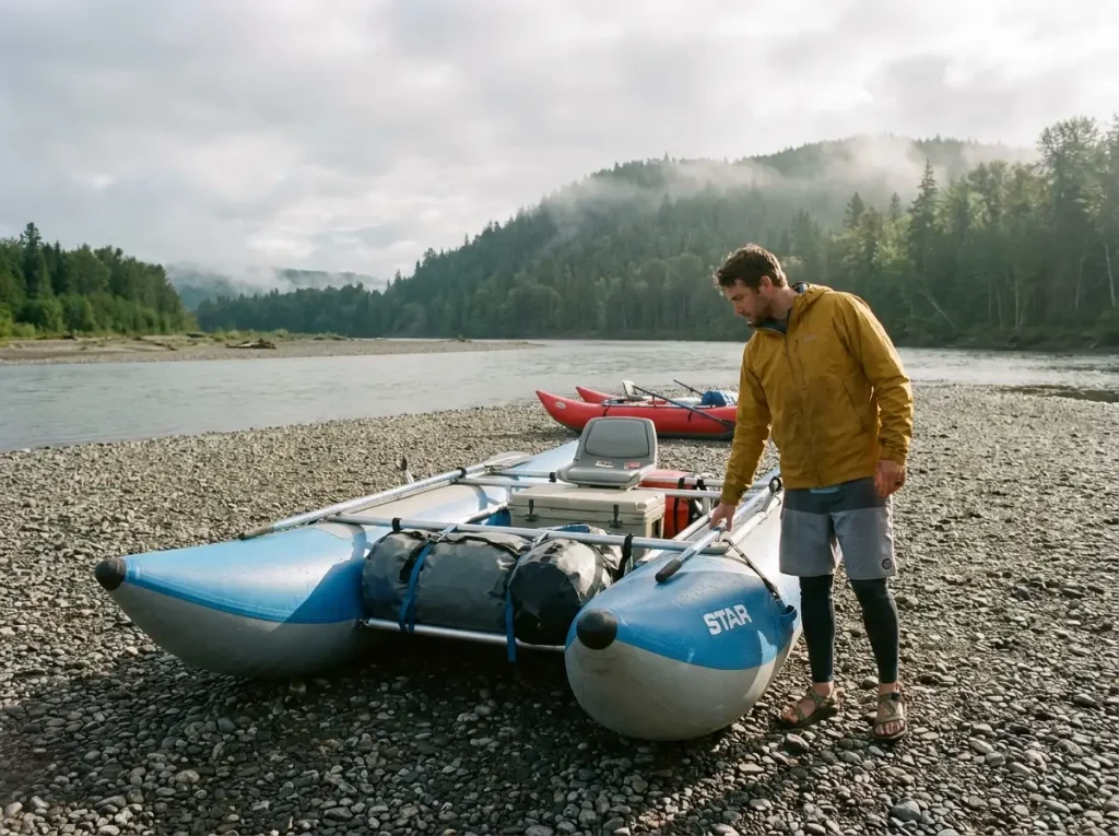 A person standing beside a 14-foot Star cataraft on a gravel bar showing its size for a crew