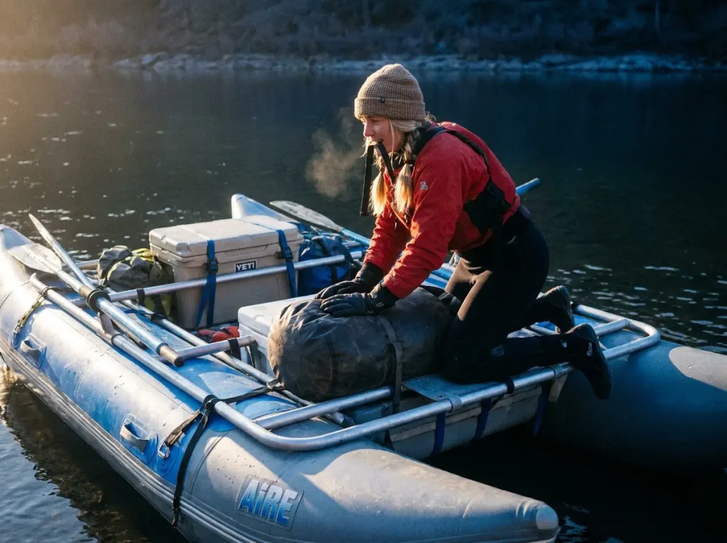Boater loading gear low in the frame bays of an AIRE oar-rig cataraft to trim it at a dawn put-in